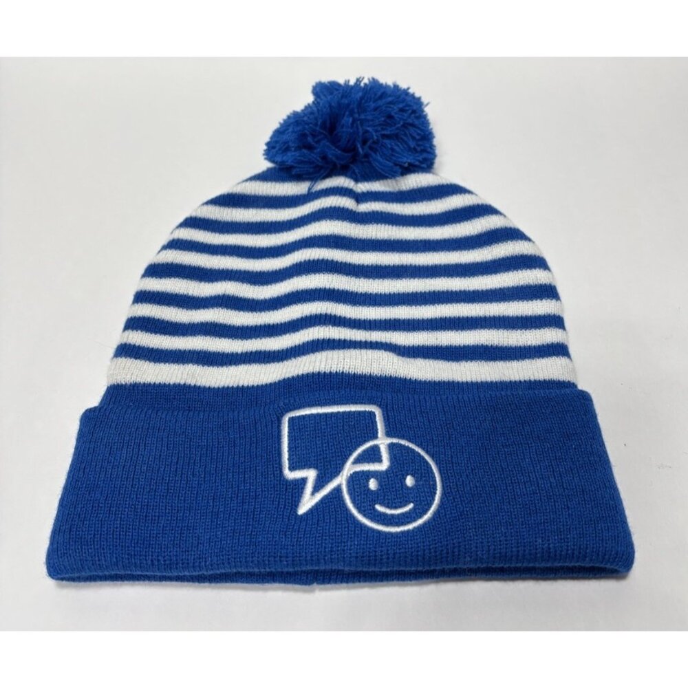 Bell Let's Talk Winter Hat Beanie Blue and White Striped Pom Pom Canadian Promo